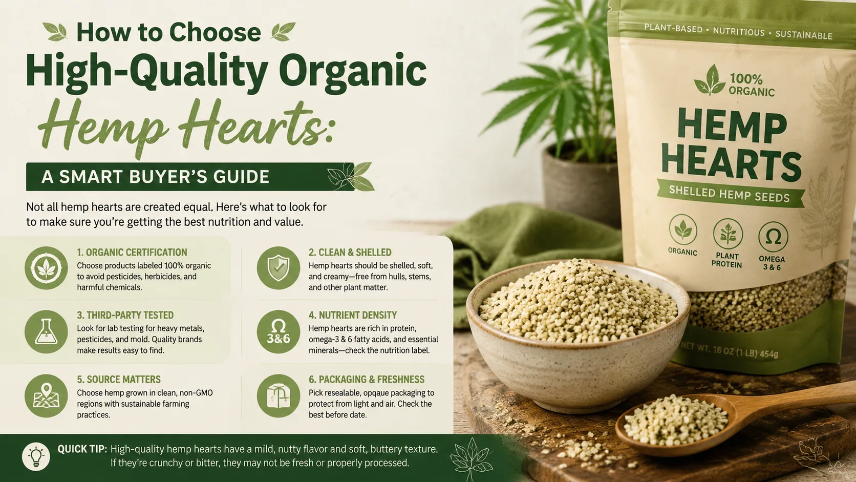 Comment choisir des graines de chanvre décortiquées biologiques de haute qualité : le guide de l'acheteur avisé 1 How to Choose High‑Quality Organic Hemp Hearts A Smart Buyer’s Guide