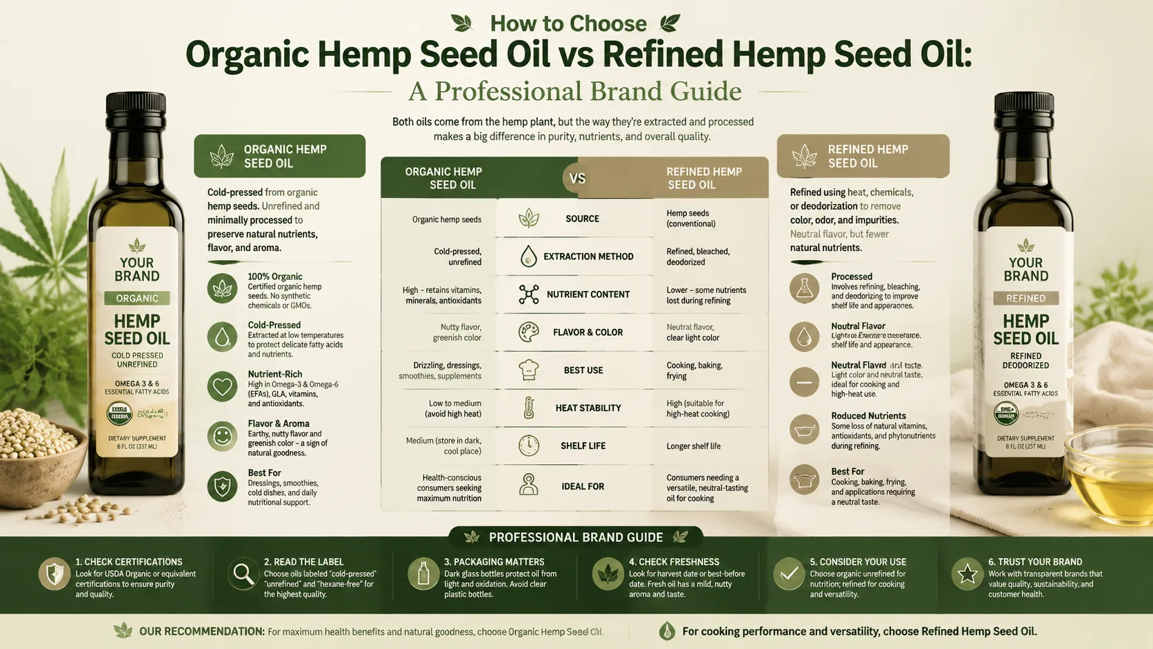 Comment choisir entre huile de graines de chanvre biologique et huile de graines de chanvre raffinée : le guide professionnel des marques 2 How to Choose Organic Hemp Seed Oil vs Refined Hemp Seed Oil A Professional Brand Guide